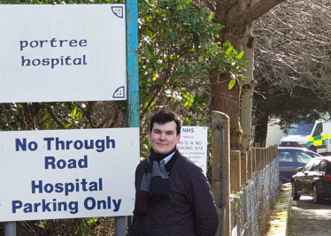 Councillor Stewart outside Portree Hospital.